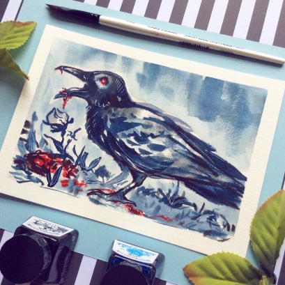blue and black ink crow painting eating red heart