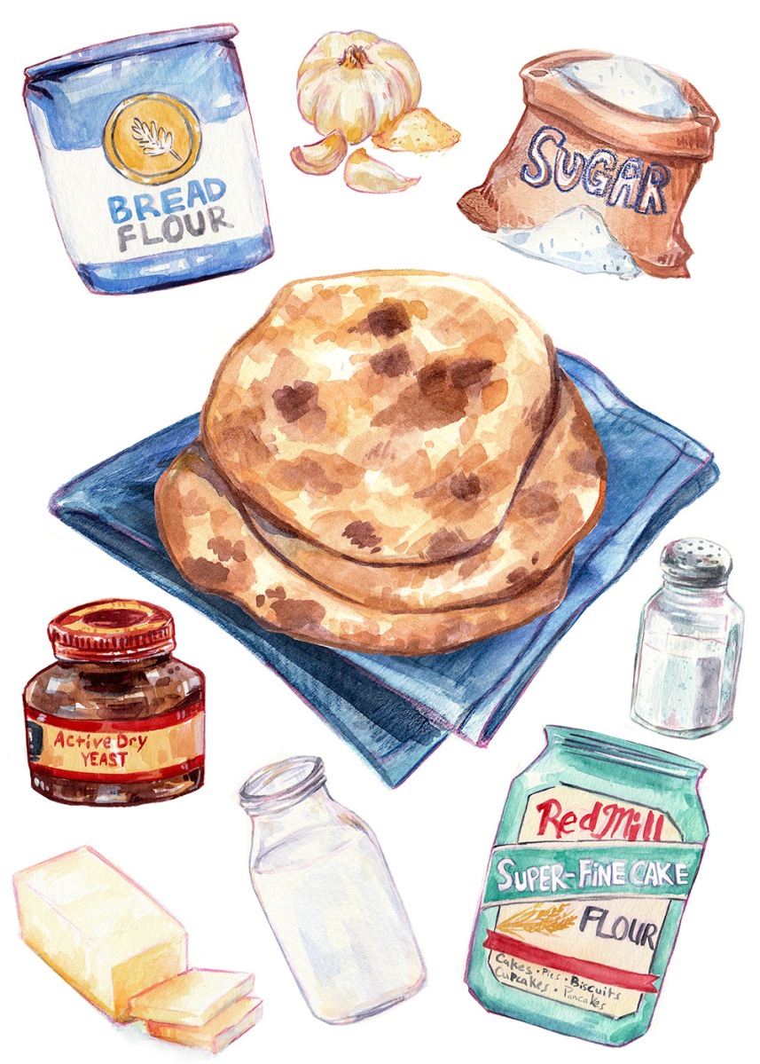 watercolor illustrated naan bread ingredients