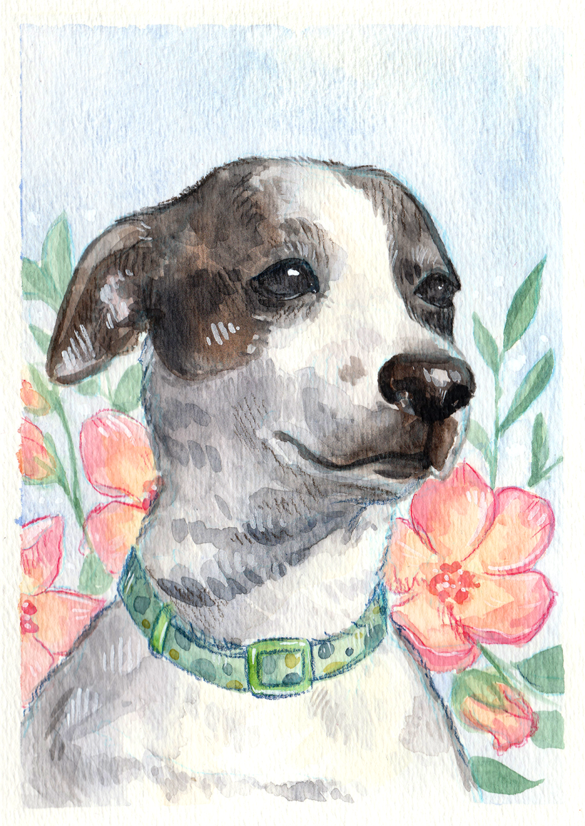 Pet portrait watercolor dog with flowers illustration
