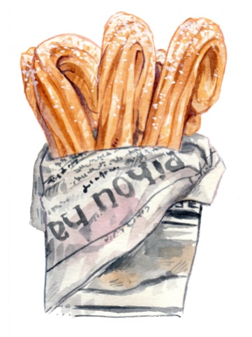 watercolor illustration of churros wrapped with newspaper