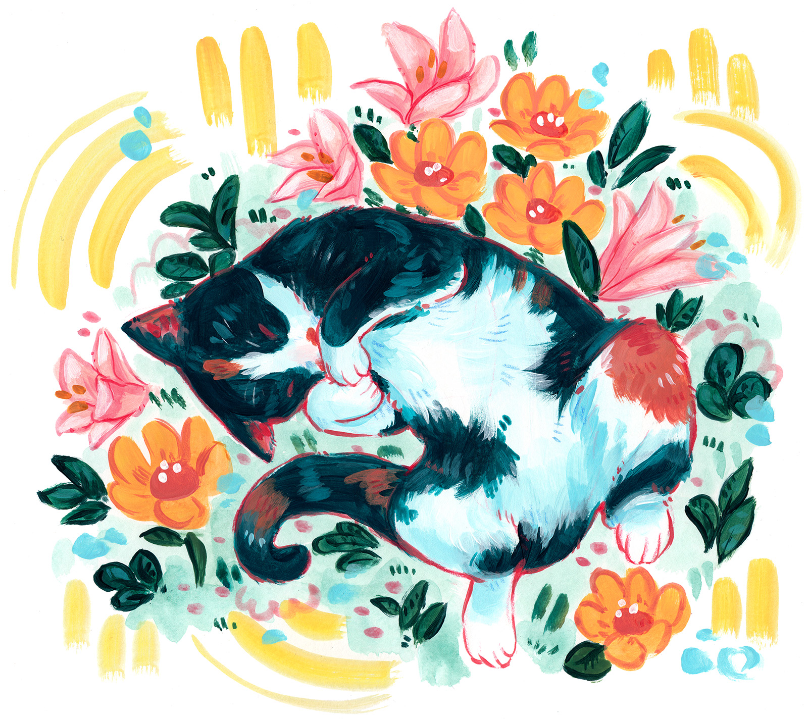 colorful playful cat with flowers pet portrait in acrylic