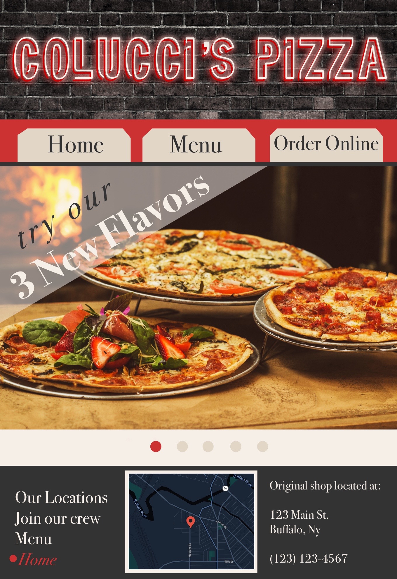 design sample for a pizza shop website. depicting neon lettering against a brick background and a photo of pizza.